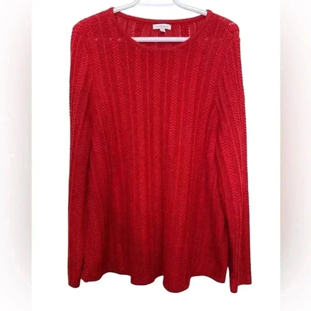 Red Croft & Barrow  Crew Neck Ribbed Sweater w A Bit of Holiday Sparkle